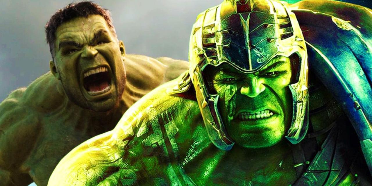 A split image of the MCU Hulk roaring and in armor