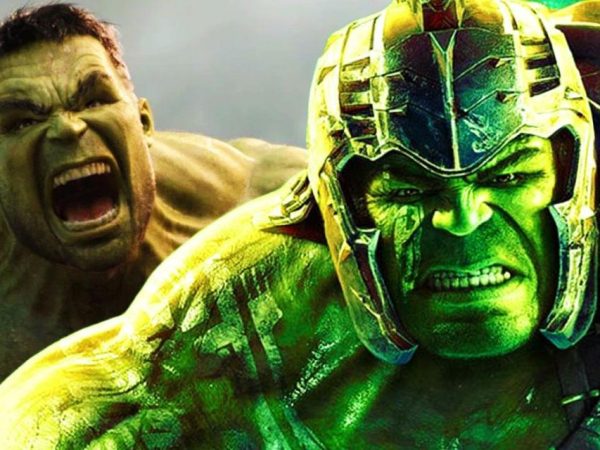 A split image of the MCU Hulk roaring and in armor