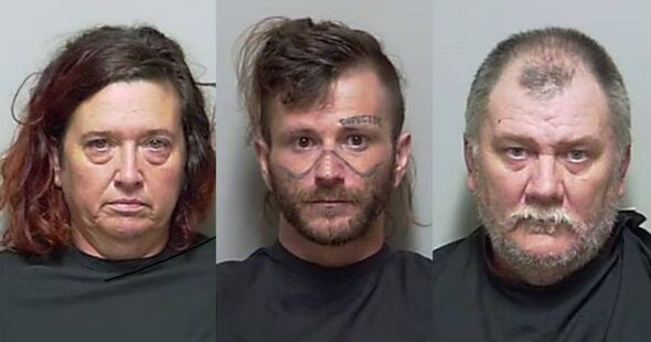 Three individuals are depicted in a composite image, likely taken for law enforcement purposes. The individuals, all wearing bla