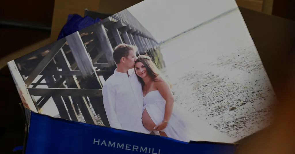 A large portrait of Lindsay and Patrick Clancy from an undated maternity photoshoot