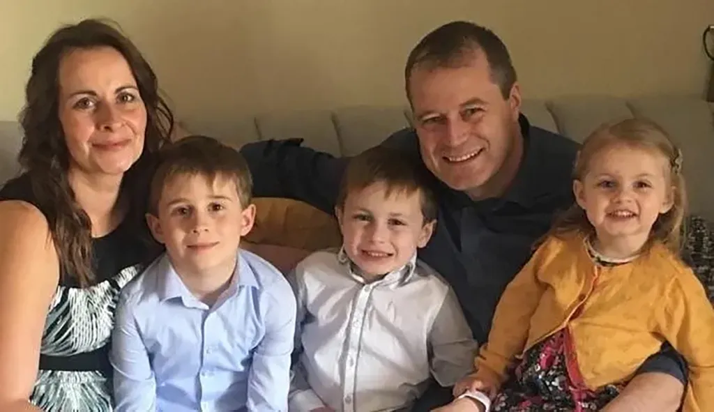Deirdre Morley with her three children, Connor, Darragh, and Carla, and their father Andrew McGinley.