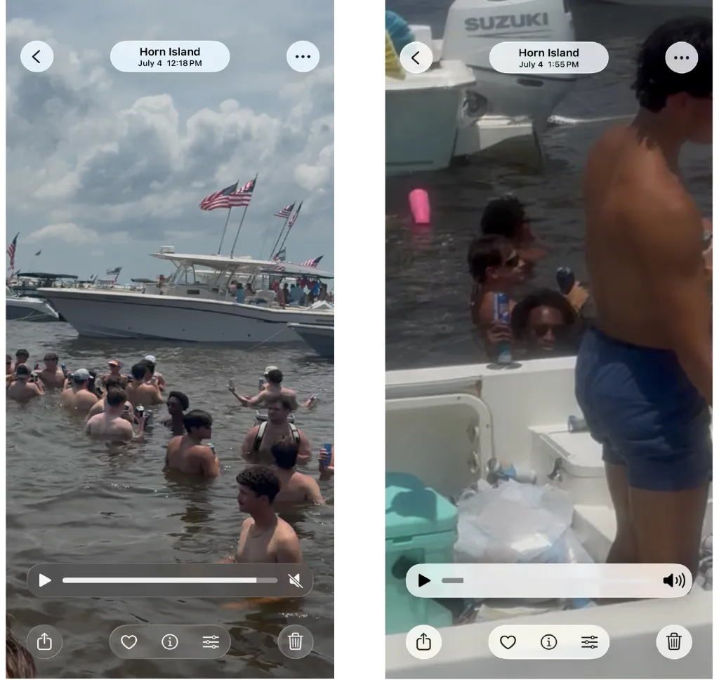 Collage of photos showing people swimming in the water near boats at Horn Island.