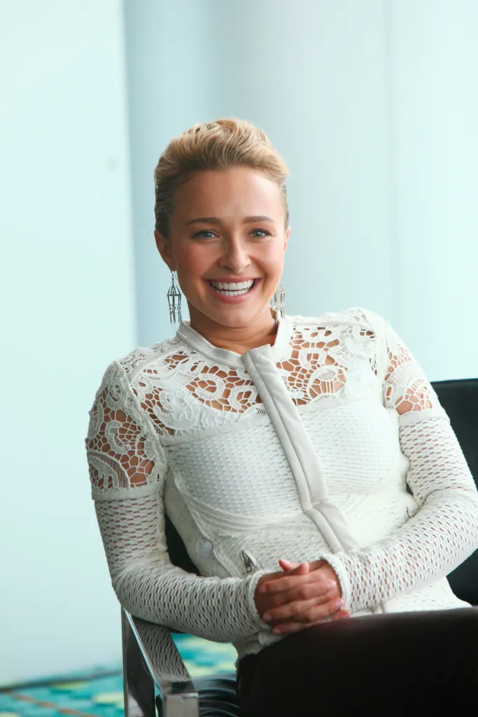 Hayden Panettiere smiling in a white lace and knitted jacket.