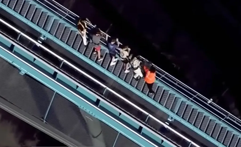 An aerial view shows the Goliath roller coaster stopped on the track after being shut down.