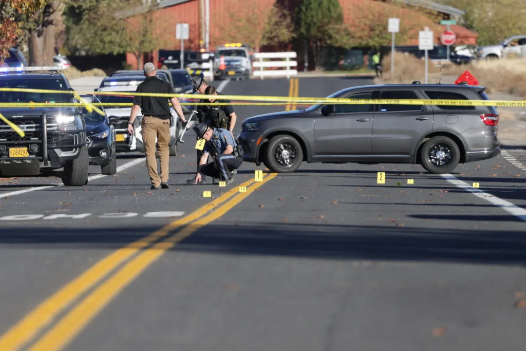 Emergency personnel work at the scene following a shooting at Silver Rail Elementary School in Bend, Oregon.