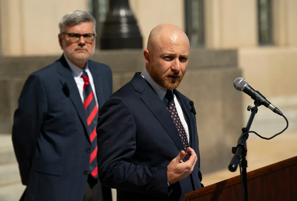 Christa Pike's attorney, Luke Ihnen, right, and Randy Spivey, Tennessee Office of the Post-Conviction, hold a press conference.