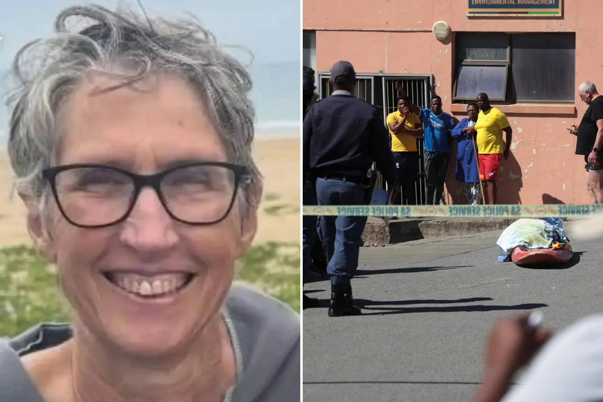 An image collage containing 2 images, Image 1 shows Portrait of Janine Lochrenberg smiling, with text reading "IN LOVING MEMORY OF" in the upper left, Image 2 shows Police officers stand guard and bystanders gather behind police tape near the covered body of a woman killed in a shark attack