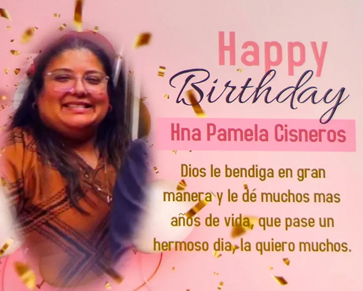 Happy Birthday greeting card for Hna Pamela Cisneros, featuring a smiling woman and Spanish text.