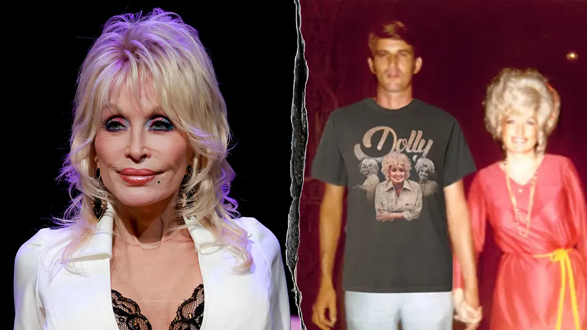 Split image of Dolly Parton wears a white suit jacket and Dolly Parton and Carl Dean pose in pH๏τo