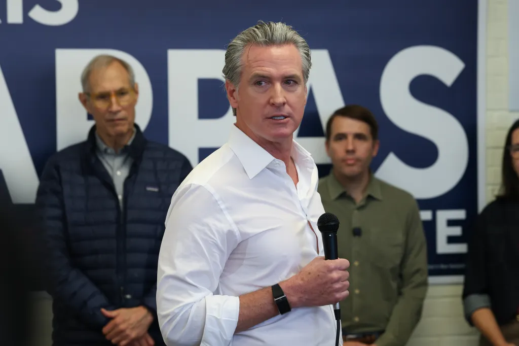 California Gov. Gavin Newsom speaks into a microphone during a campaign event.
