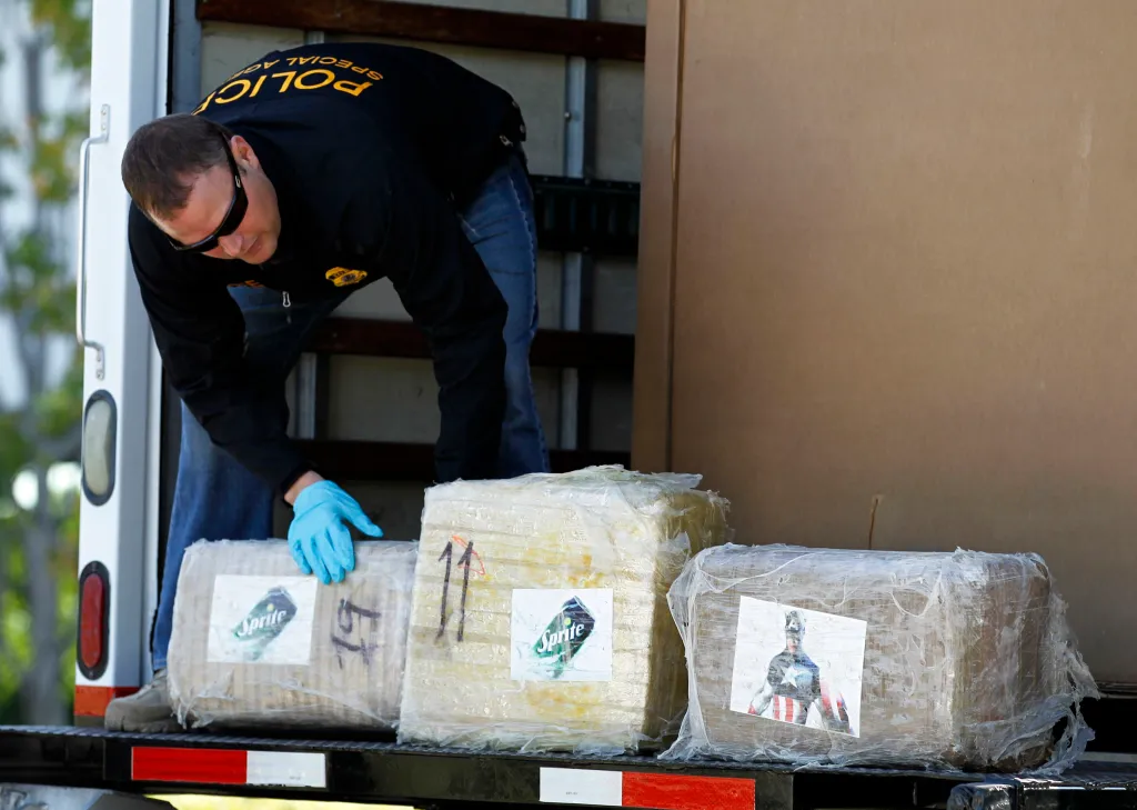 An ICE special agent displays seized marijuana in Otay Mesa, California.