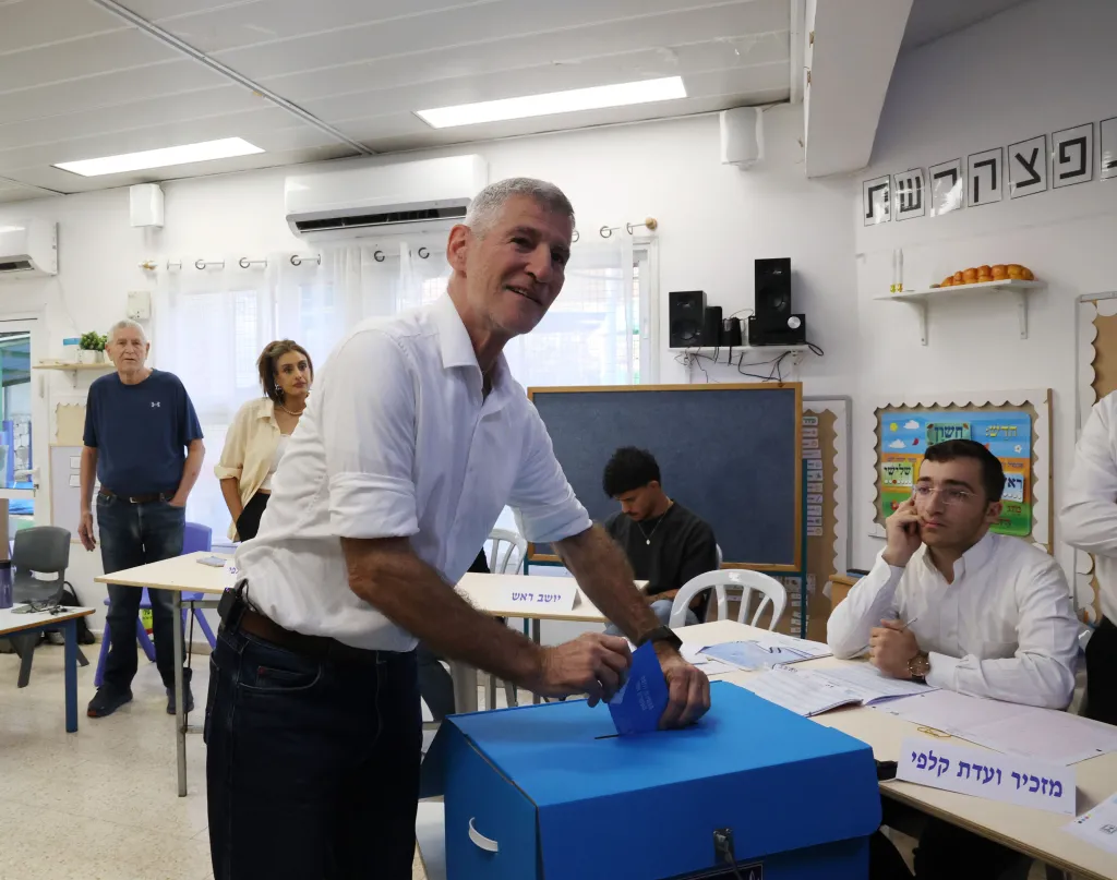 Yair Golan, leader of The Democrats party, casts his ballot at a polling station in Rosh HaAyin, Israel.