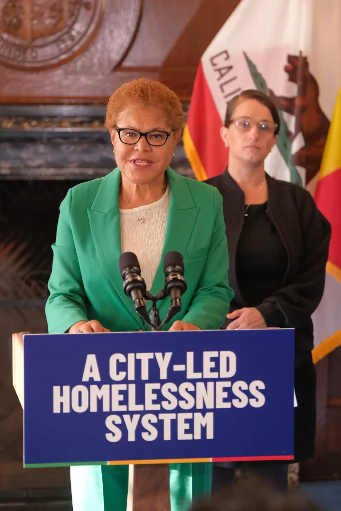Los Angeles Mayor Karen Bass speaks at a press conference about homelessness at City Hall.