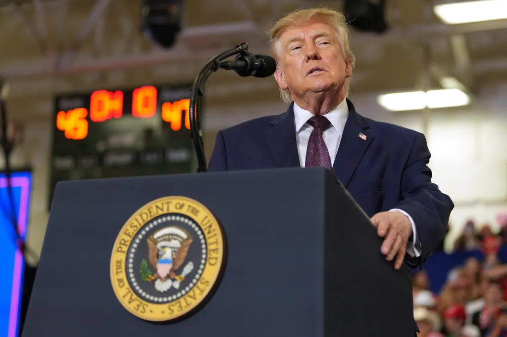 President Donald Trump speaks at a campaign rally.