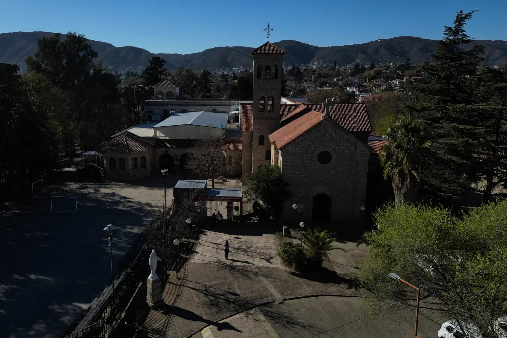 An aerial view of the Margarita A. de Paz Parish Center for Education and Culture and Parish of the Child Jesus in Carlos Paz, Argentina.