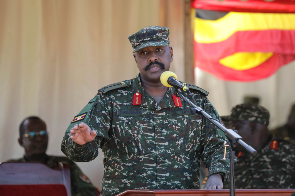 General Muhoozi Kainerugaba, Uganda's Chief of Defense Forces, speaks at a podium.