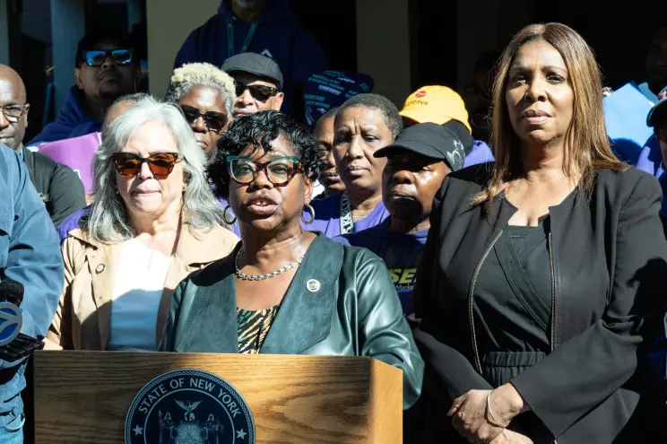 Bronx District Attorney Darcel Clark speaks at a rally hosted by State Attorney General Letitia James to help New Yorkers protect their homes at Bronx Bethany Church in the Bronx borough of New York, October 3, 2026.