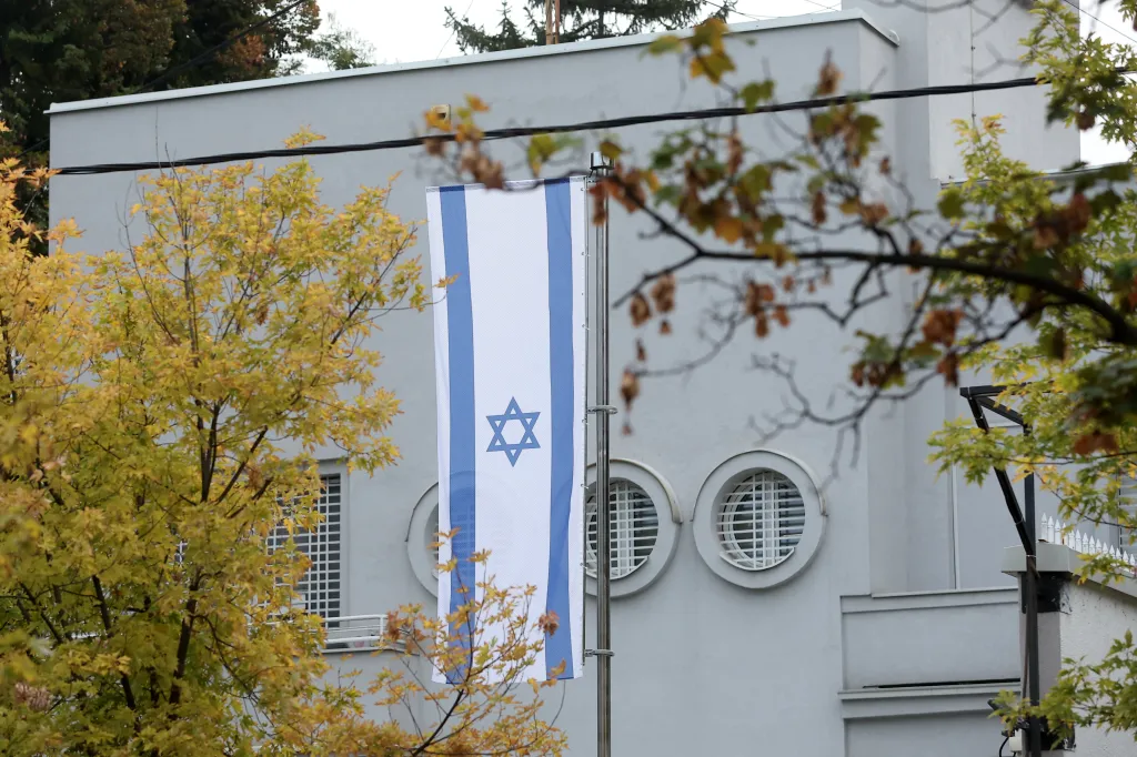 An Israeli flag hangs outside the Embassy of Israel in Belgrade.
