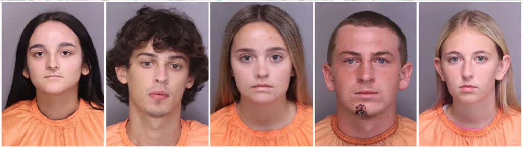Collage of mugshots of Corrine Belviso, Devan Raper, Gianna Helene Kistenmacher, Hunter Kendall, and Sydney Kearns, from left to right.