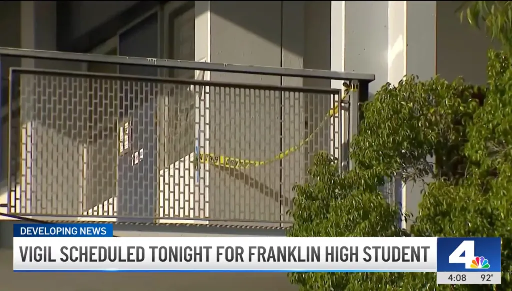 A fourth-floor balcony at Franklin High School is cordoned off with yellow caution tape.
