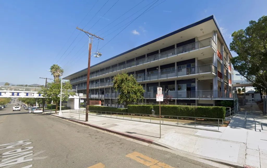 Exterior view of Benjamin Franklin High School in Highland Park.