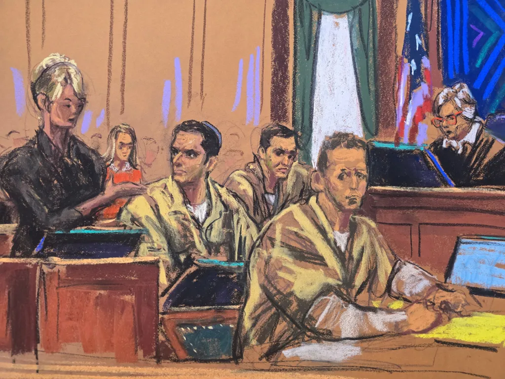 Courtroom sketch of Lindsey Acree addressing the court during the sentencing of Oren, Tal, and Alon Alexander.