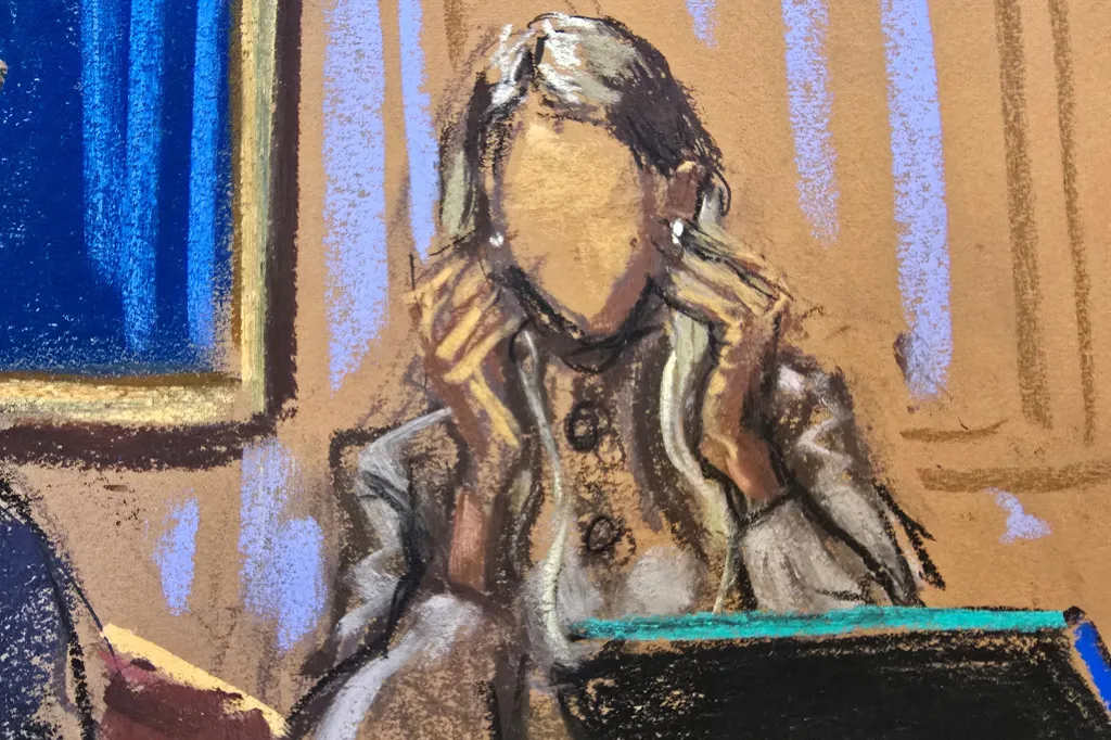 Courtroom illustration of Katie Moore (pseudonym) during a federal sex trafficking trial.