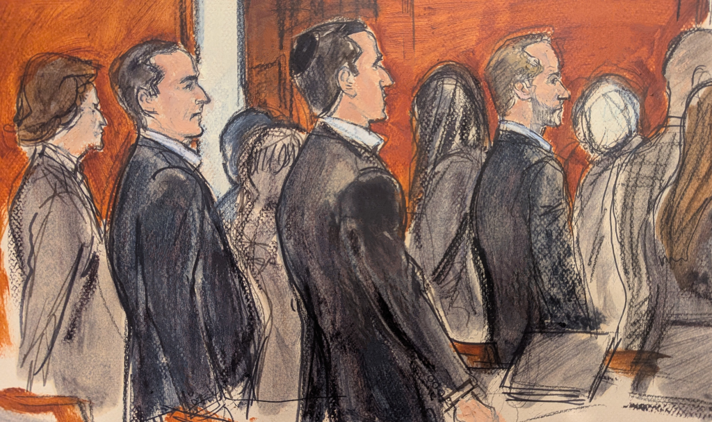 Courtroom sketch of Alon Alexander, Oren Alexander, and Tal Alexander in a Manhattan federal court.