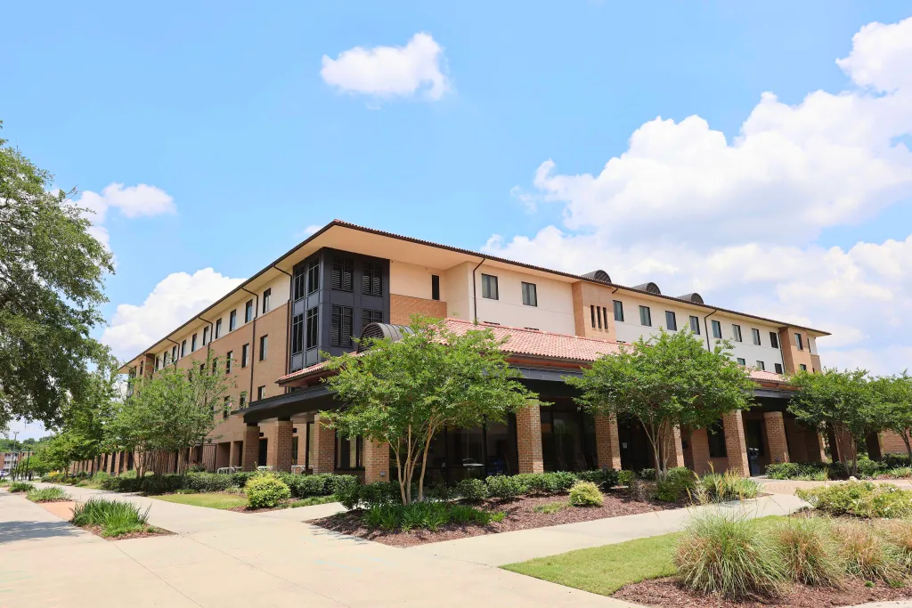 exterior image of Spruce Hall residences on the Louisiana State University campus.