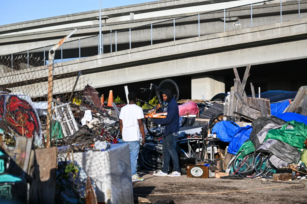 A massive homeless encampment in West Oakland, California.
