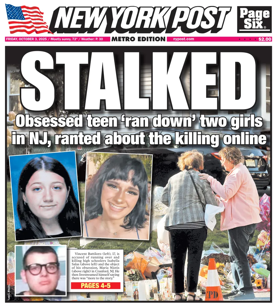 New York Post front page featuring the headline "STALKED" about an obsessed teen who ran down two girls in New Jersey.