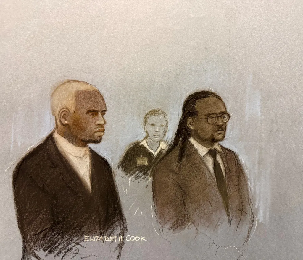 Court illustration of Chris Brown and Omololu Akinlolu in the dock at Southwark Crown Court.
