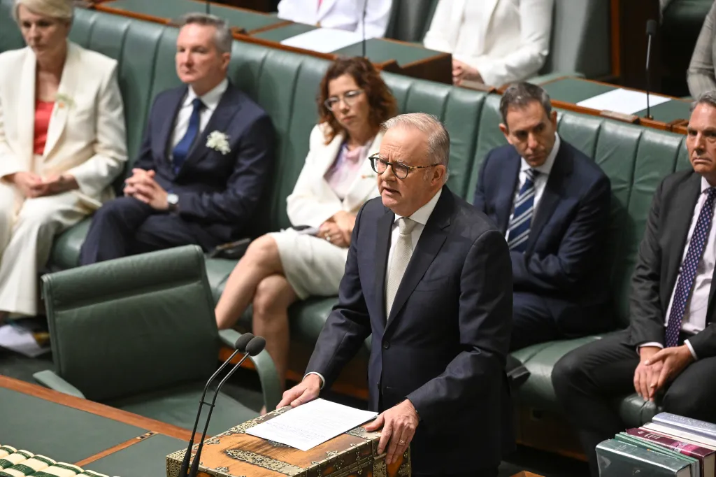 Australian Prime Minister Anthony Albanese pays tribute to independent lawmaker Helen Haines, who was critically injured on Oct. 19 when a driver struck her with a vehicle, at Parliament House in Canberra, Australia, on Monday.