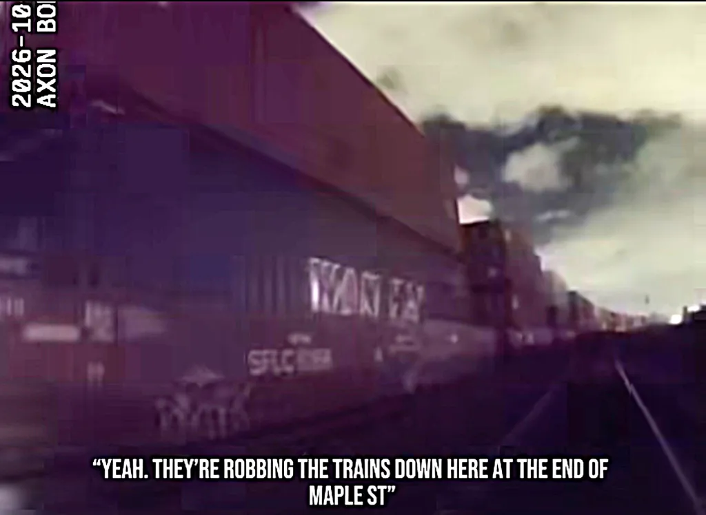 Body camera footage shows a train on the tracks with caption reading, "YEAH. THEY’RE ROBBING THE TRAINS DOWN HERE AT THE END OF MAPLE ST".