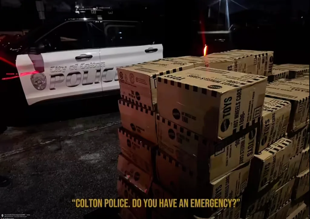 Stacked cardboard boxes of Hot Wheels toys recovered by the Colton Police Department.