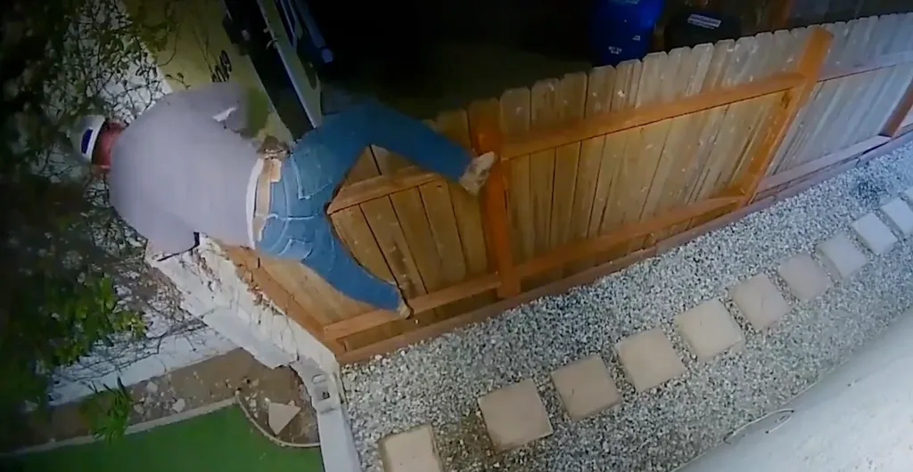 Surveillance camera footage of a man climbing over a backyard wooden fence.