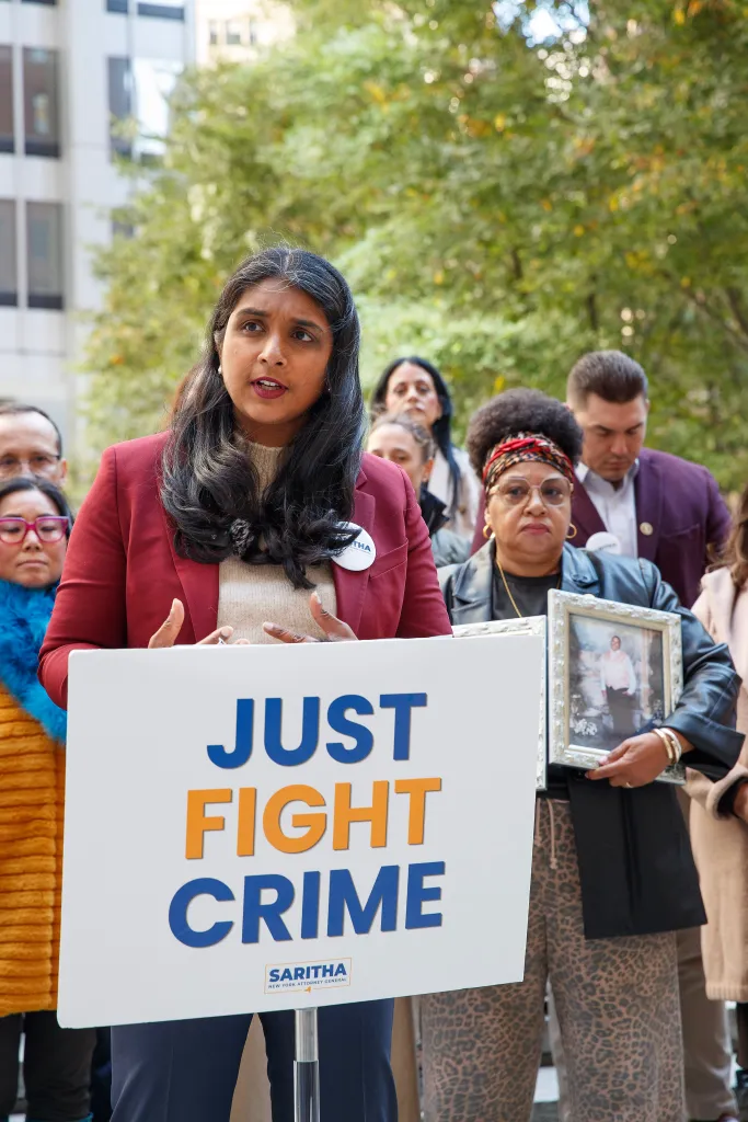New York Attorney General candidate Saritha Komatireddy holds a press conference at 28 Liberty Street with families who had lost loved ones to crime and drugs.
