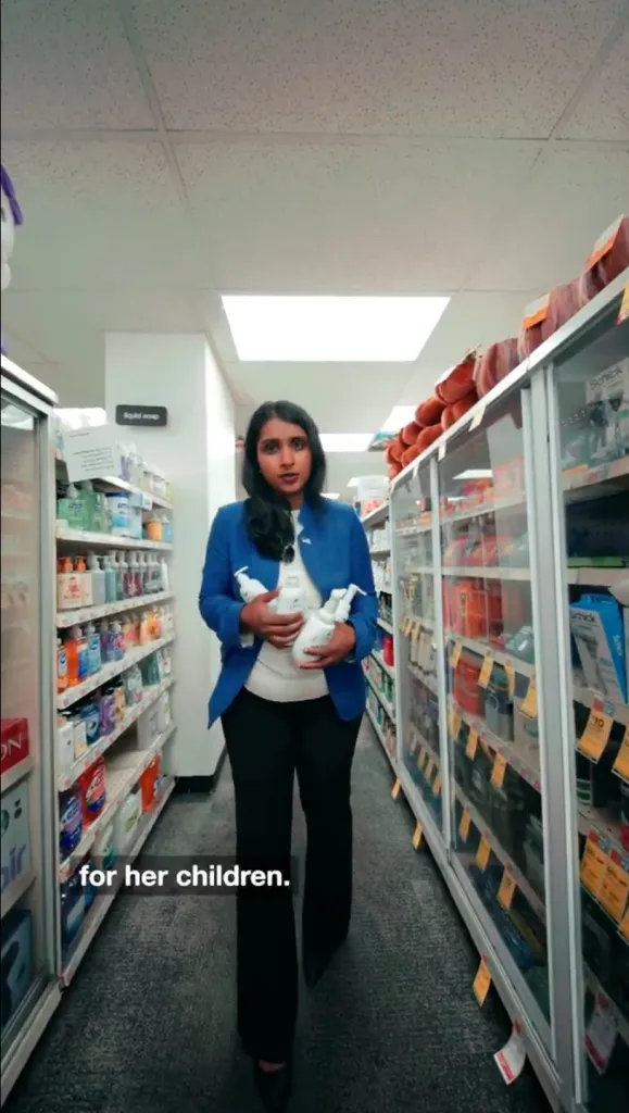 Saritha Komatireddy walking down an aisle in a store holding bottles of soap, flanked by locked shelves.