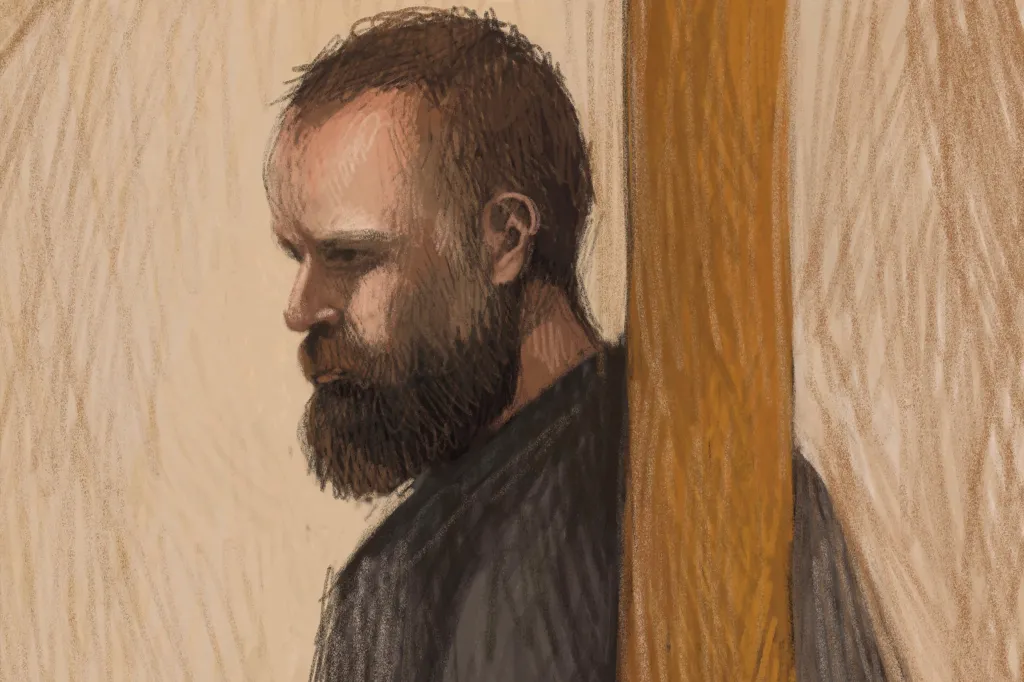 A courtroom sketch by artist Anita Lester depicts Brendan Nugent at a court hearing in Wangaratta, Australia, on Wednesday, after he was charged with dangerous driving causing serious injury, intentionally causing serious injury, and harming a public official following an alleged attack on lawmaker Helen Haines.