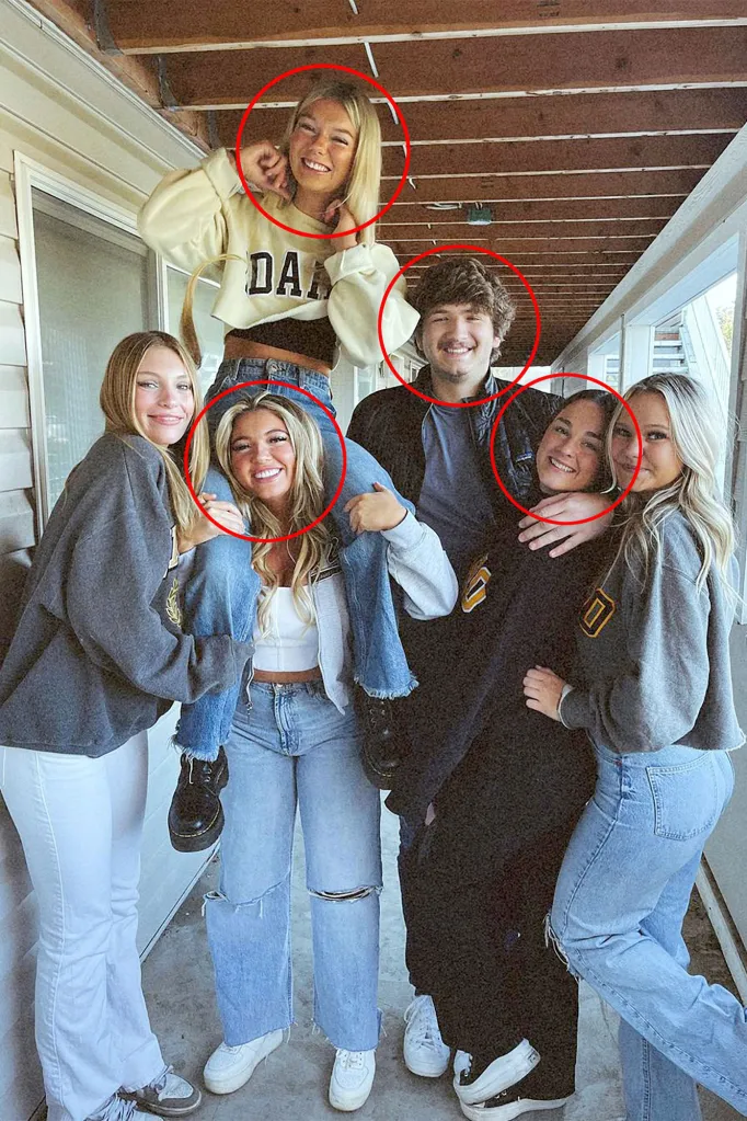 University of Idaho students Madison Mogen, Kaylee Goncalves, Ethan Chapin, and Xana Kernodle pose together on an outdoor porch, with red circles highlighting their faces.