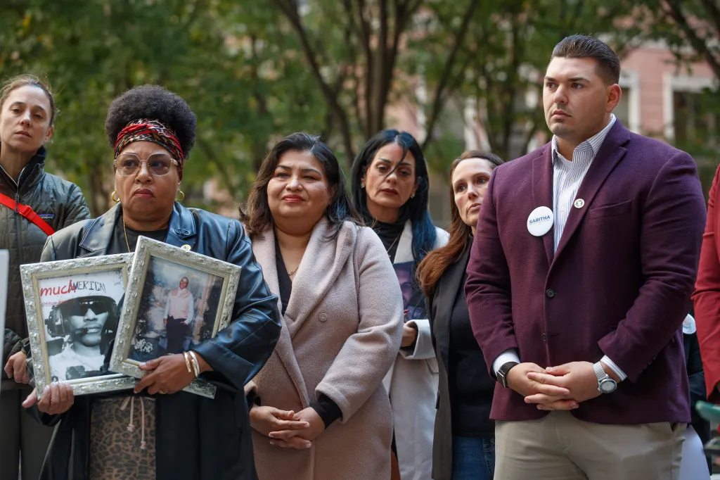 New York Attorney General candidate Saritha Komatireddy holds a press conference at 28 Liberty Street with families who have lost loved ones to crime and drugs.