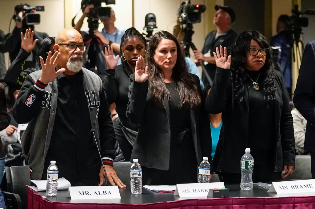 Witnesses Jose Alba, Jennifer Harrison, and Madeline Brame are sworn in during a House Judiciary Committee Field Hearing.