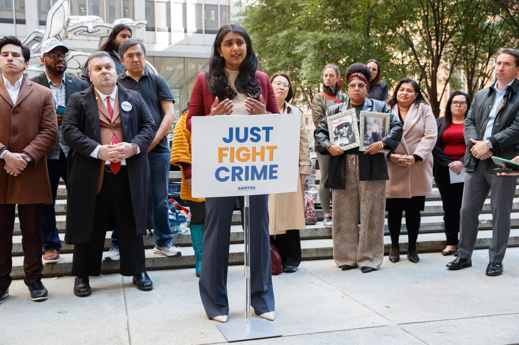 New York Attorney General candidate Saritha Komatireddy holds a press conference at 28 Liberty Street with families who had lost loved ones to crime and drugs in New York.
