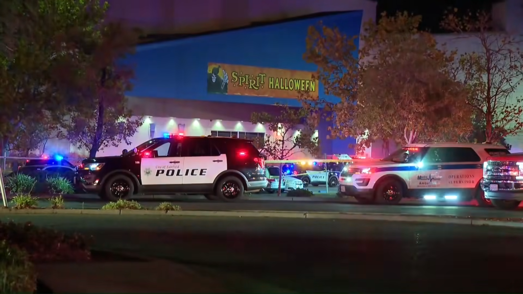 Police vehicles with flashing lights parked outside a Spirit Halloween store at night.