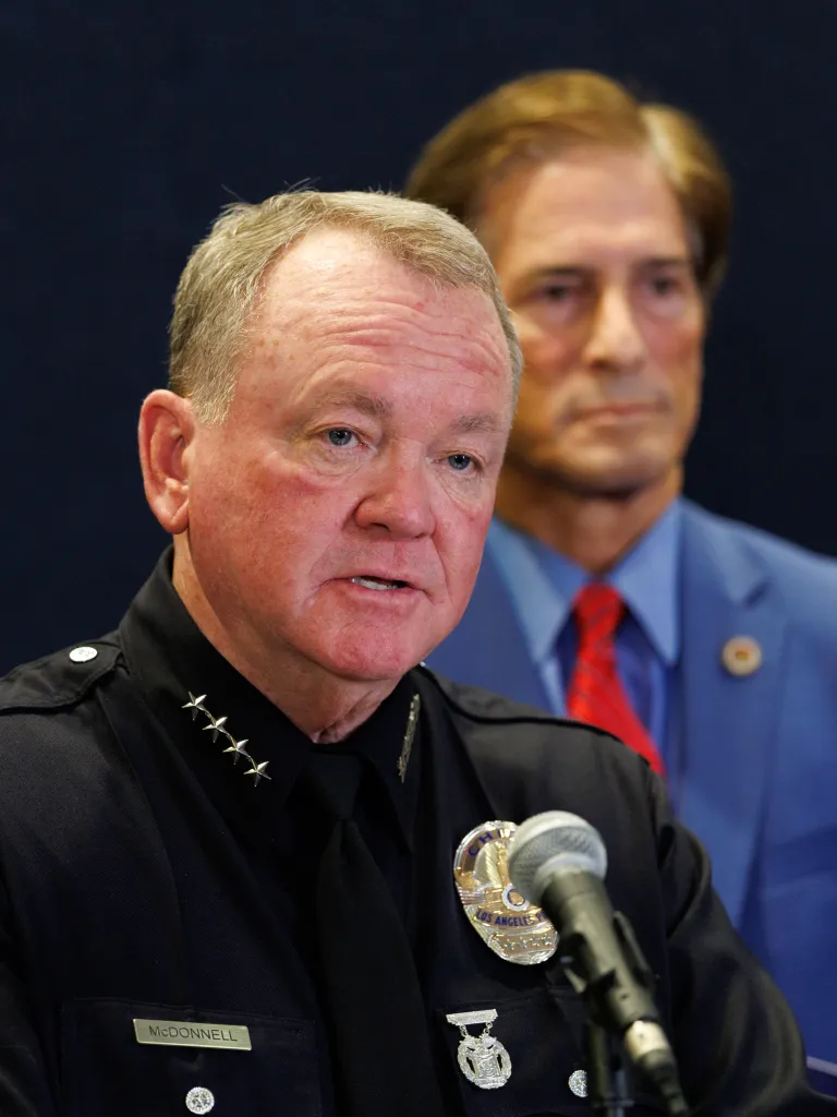 LAPD Police Chief Jim McDonnell speaks at a press conference.
