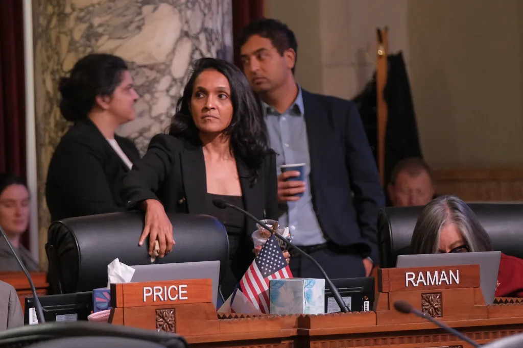 Los Angeles mayor candidate Nithya Raman attending a public session at the Los Angeles City Hall.