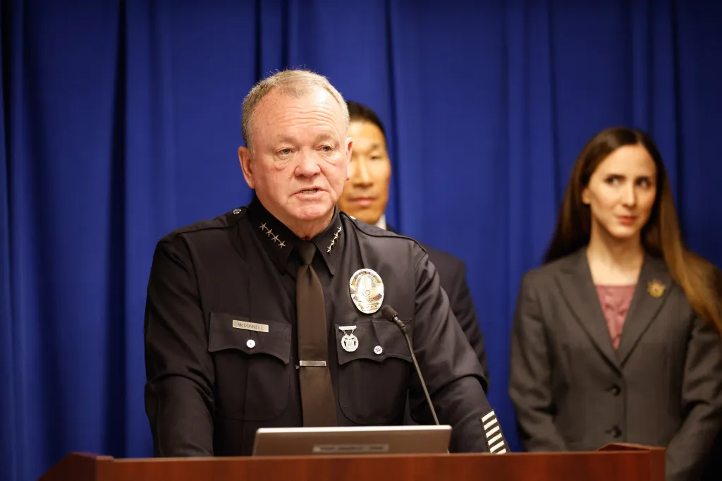 Chief of the Los Angeles Police Department Jim McDonnell speaks at a press conference after Operation Broken Blade.