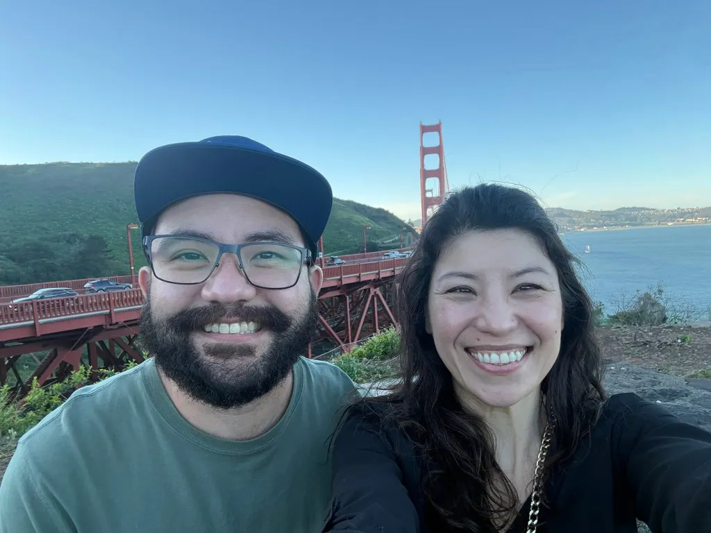 Jonathan McKinsey with his sister Mitra Dimitrov in front of the Golden Gate Bridge.