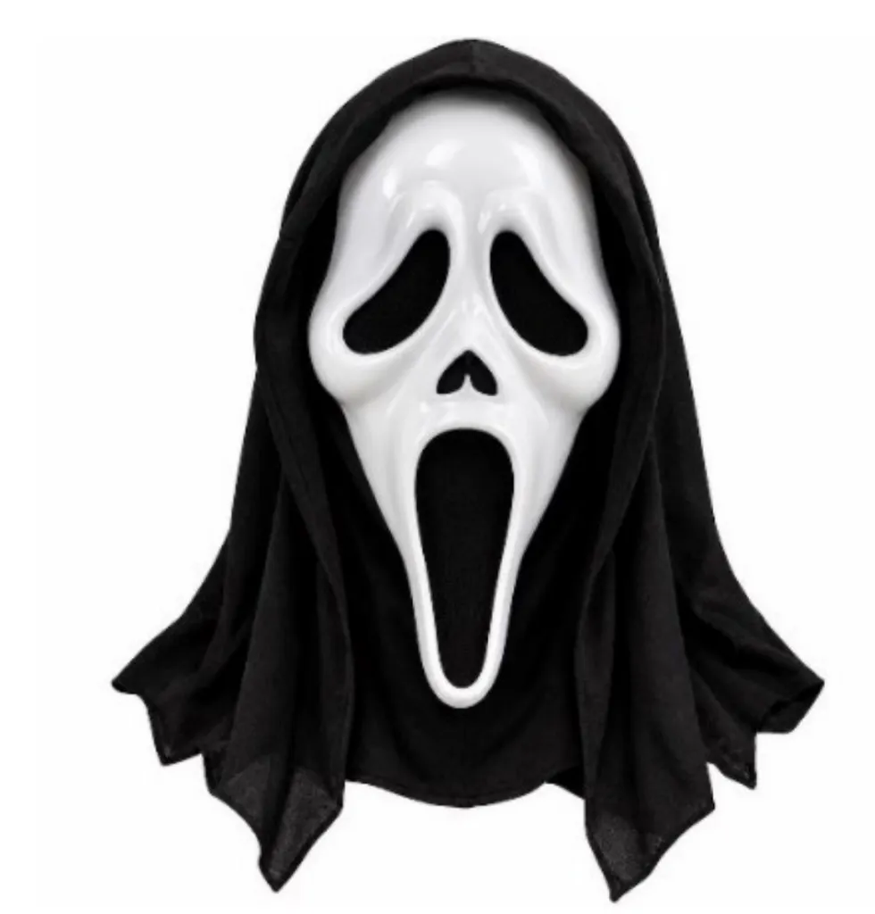 A "Scream" movie mask with an attached black hood.