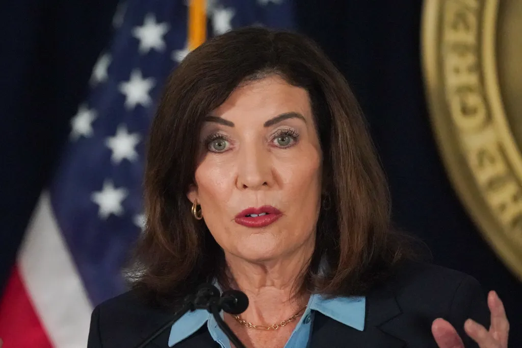 New York Gov. Kathy Hochul speaks at a press conference regarding an energy affordability program.